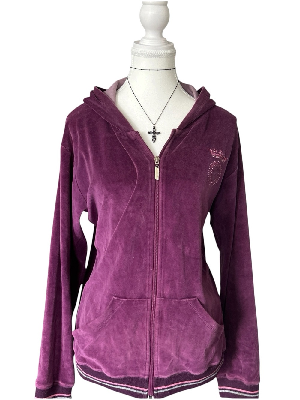 Y2K “Teen Fitness” Purple Velour Rhinestone Graphic Style Zip-up Tracksuit Top